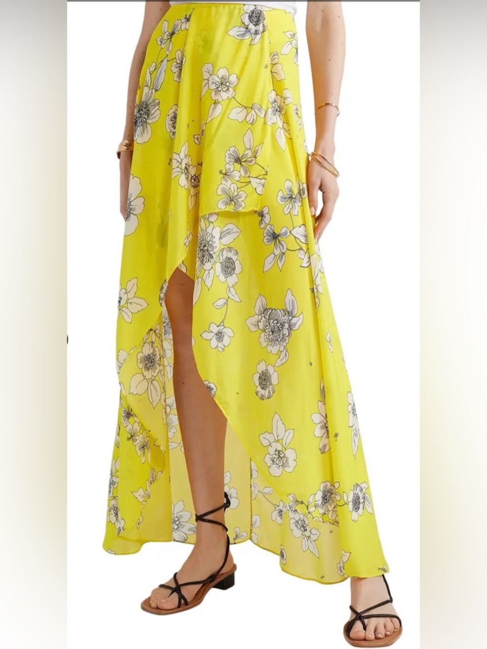 Alice + Olivia Yellow Floral High-Low Skirt with White & Gray Print
